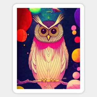 Colorful Owl Portrait Illustration - Bright Vibrant Colors Bohemian Style Feathers Psychedelic Bird Animal Rainbow Colored Art Sticker